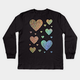 Holographic Rainbow Ombre Faux Glitter Hearts Kids Long Sleeve T-Shirt
